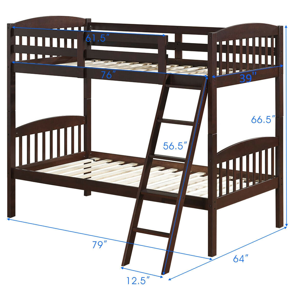 Solid Wood Twin Bunk Beds with Detachable Ladder-Coffee