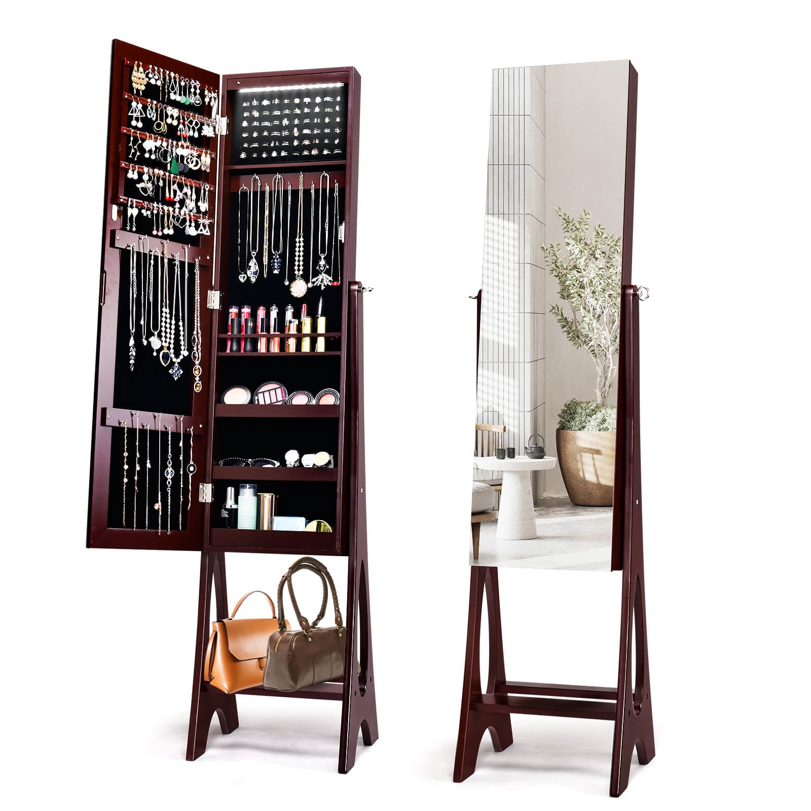 Standing Mirror Jewelry Cabinet-Brown