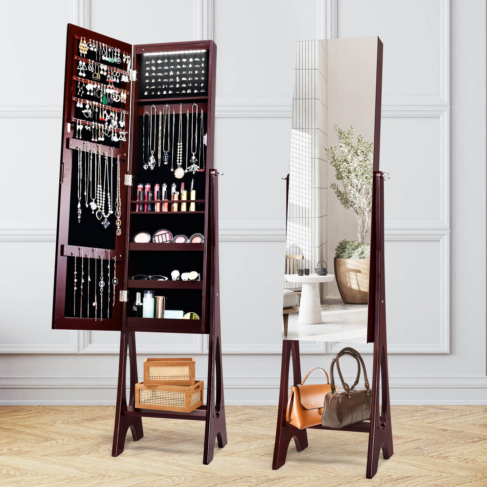 Standing Mirror Jewelry Cabinet-Brown