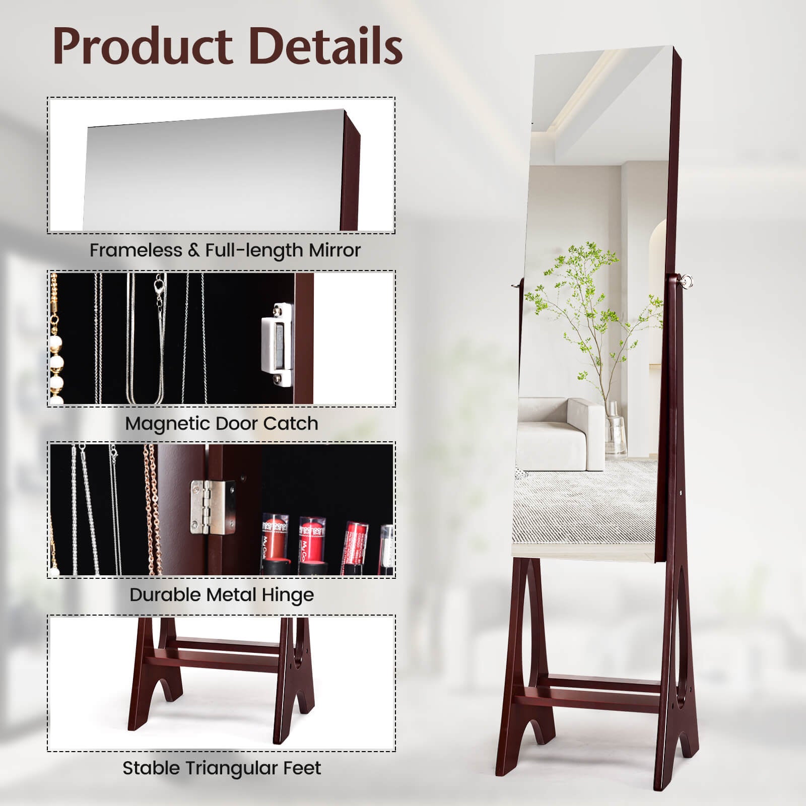 Standing Mirror Jewelry Cabinet-Brown