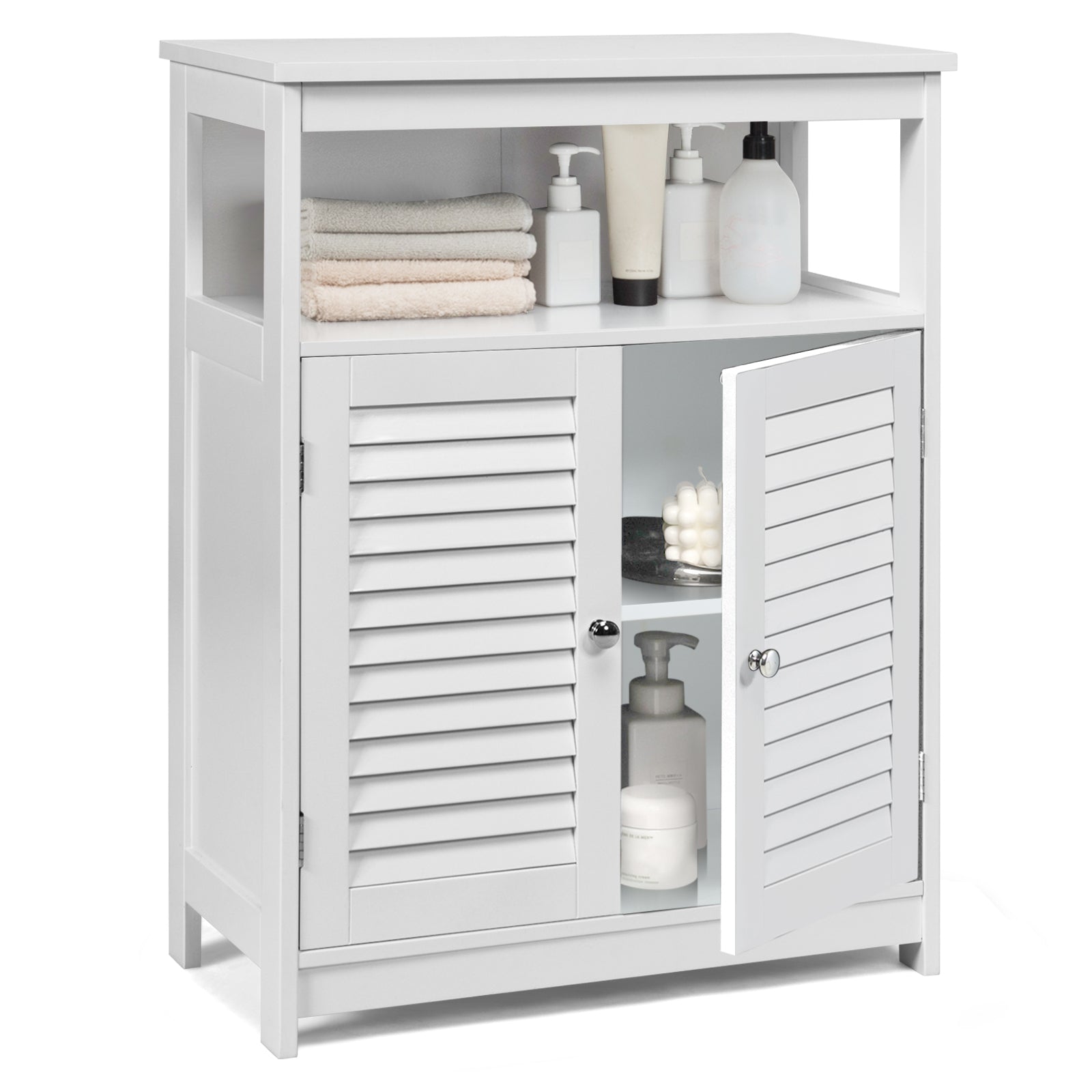 Wood Freestanding Bathroom Storage Cabinet with Double Shutter Door-White