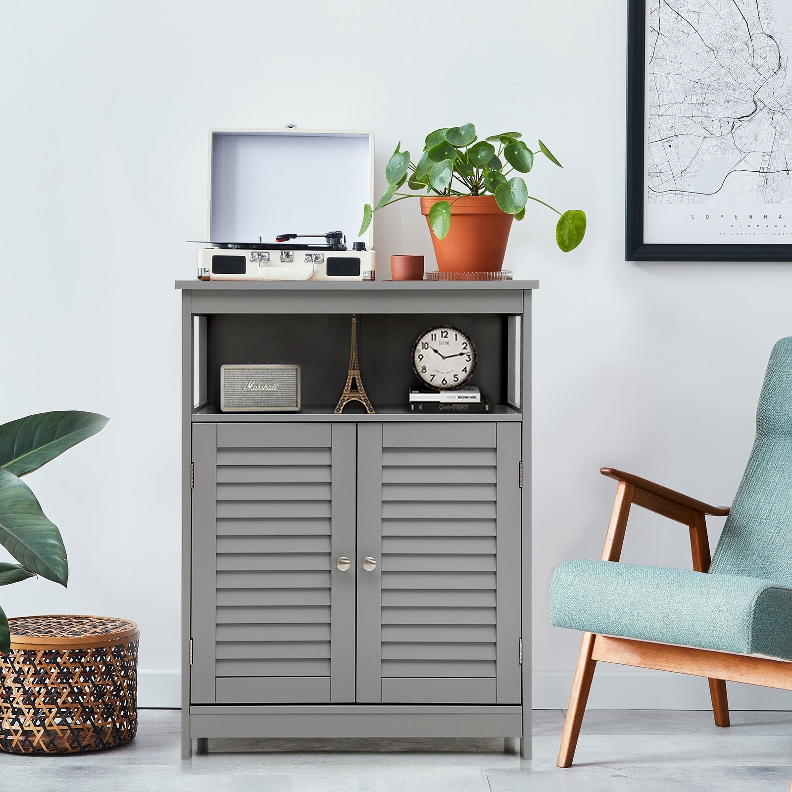 Wood Freestanding Bathroom Storage Cabinet with Double Shutter Door-Gray