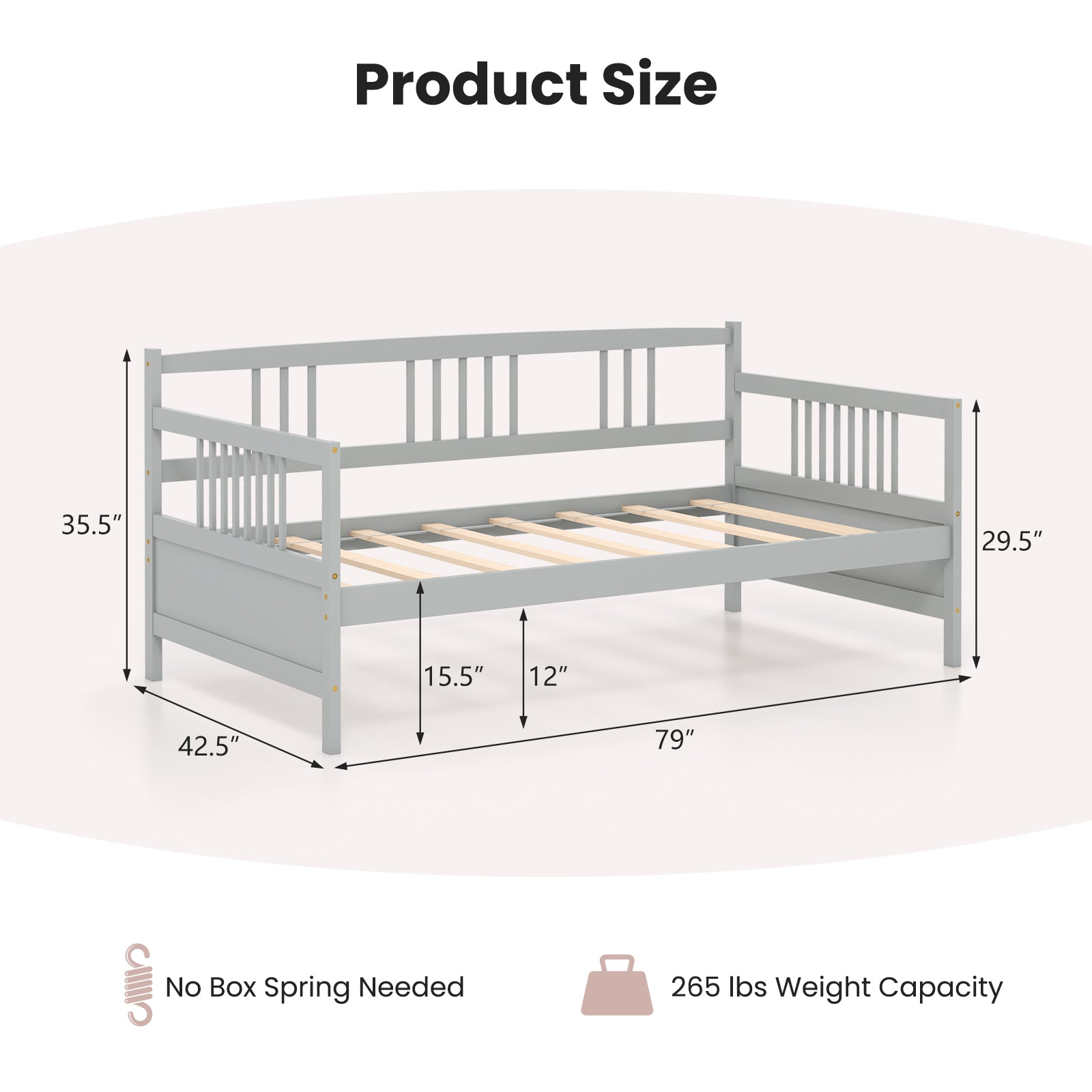 Twin Size Wooden Slats Daybed Bed with Rails-Gray