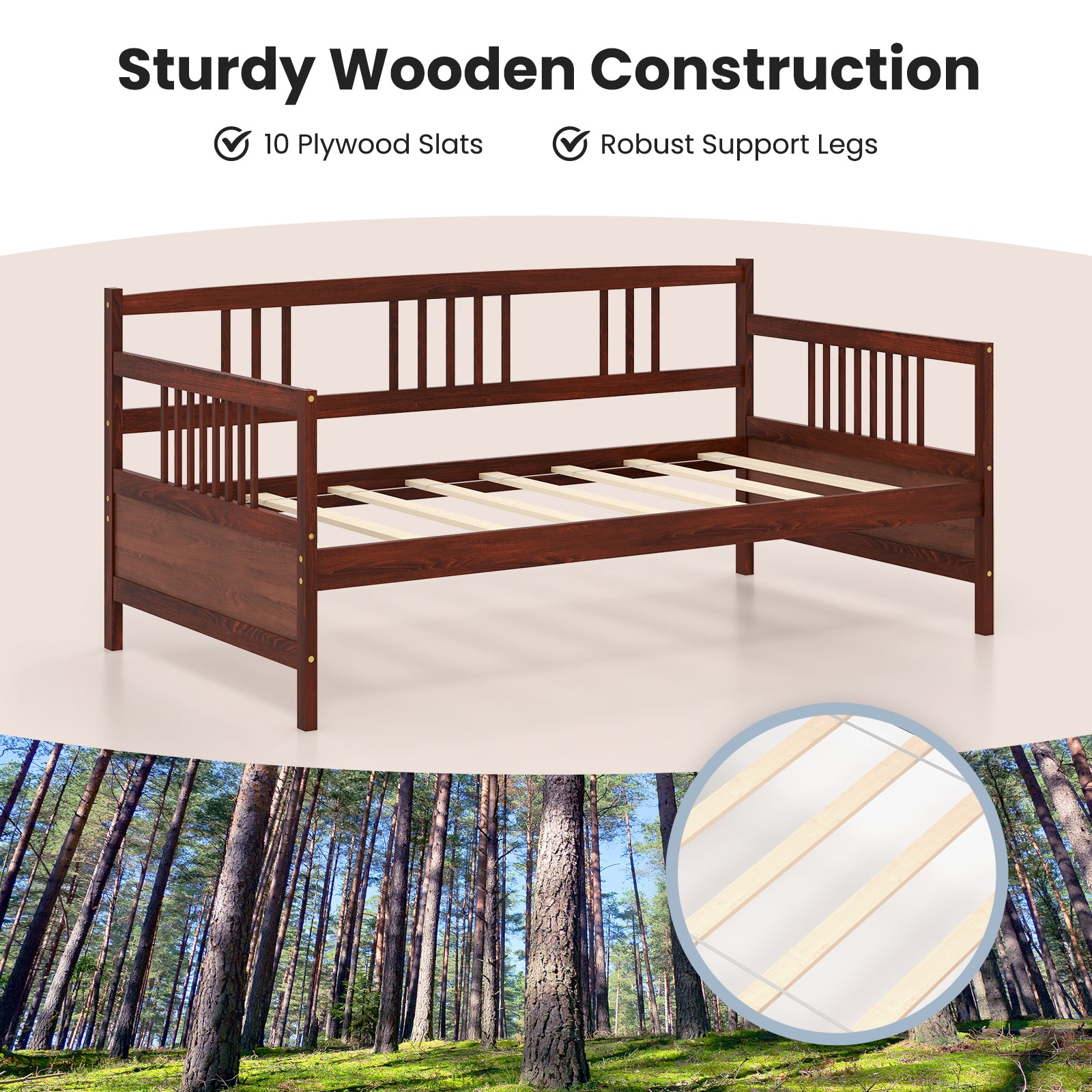 Twin Size Wooden Slats Daybed Bed with Rails-Cherry