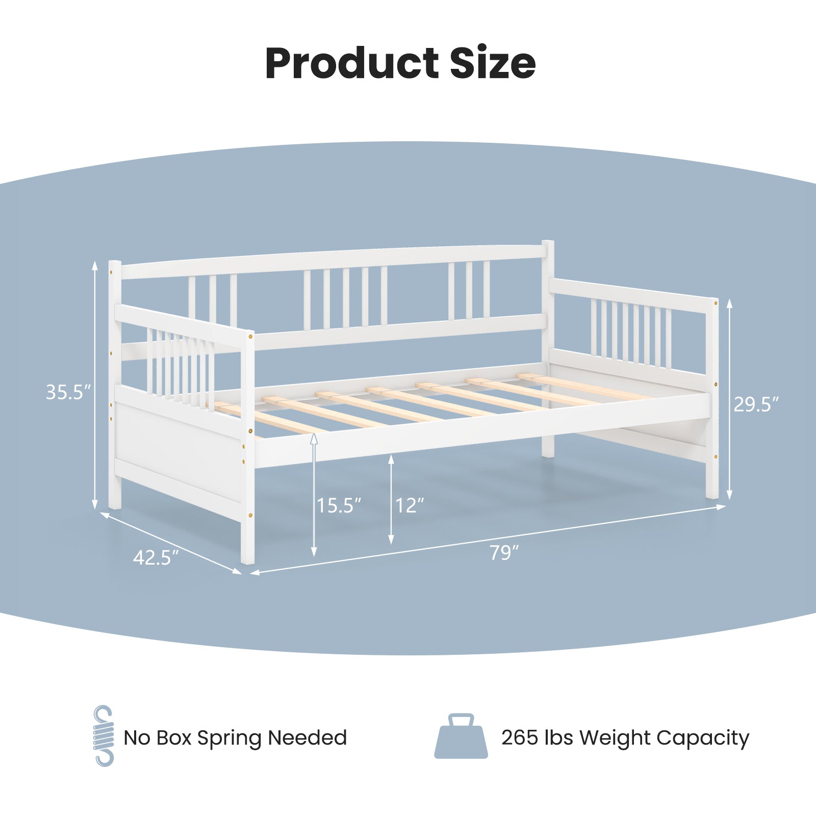 Twin Size Wooden Slats Daybed Bed with Rails-White