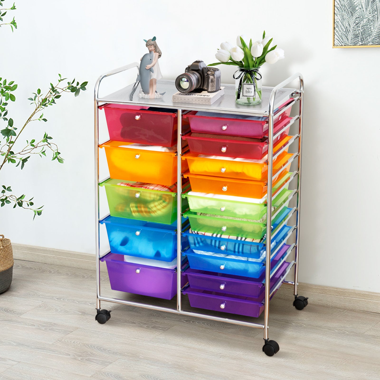 15 Drawers Rolling Storage Cart Organizer-Transparent Multicolor