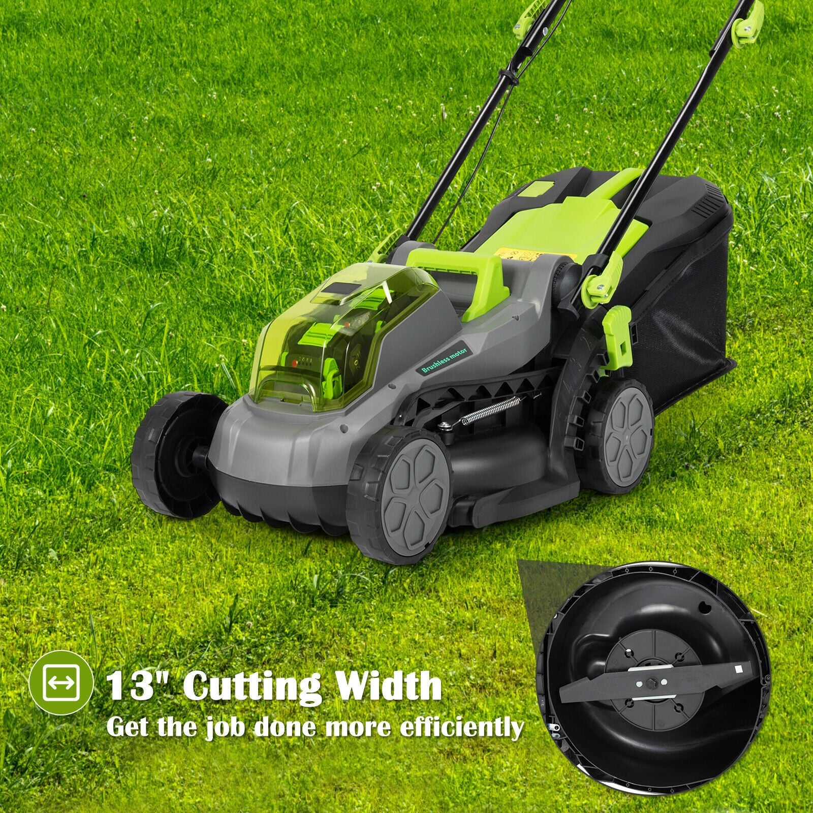 13 Inch Cordless Lawn Mower with Brushless Motor  4Ah Battery and Charger-Green