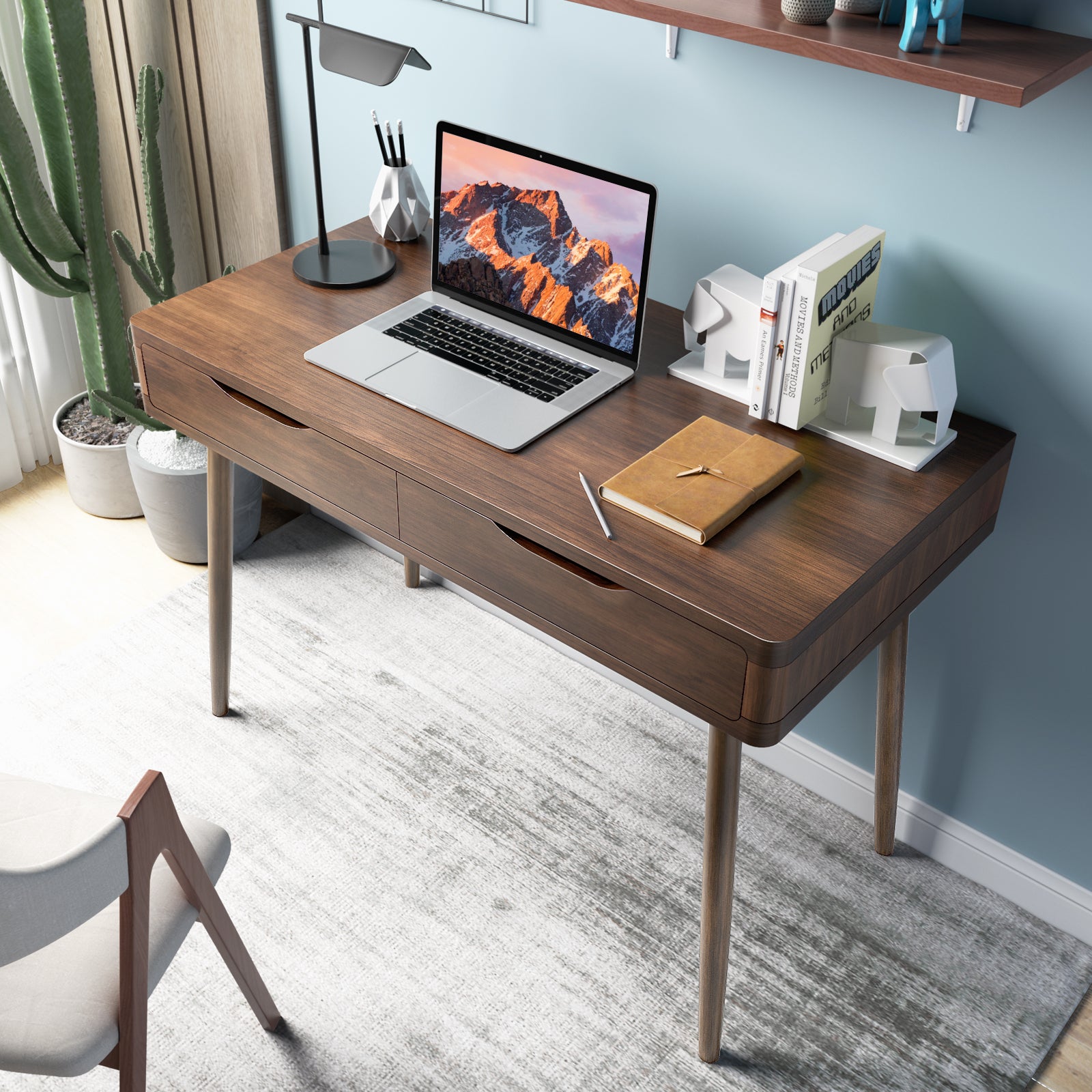 Mid-Century Computer Desk and Workstation with 2 Drawers 