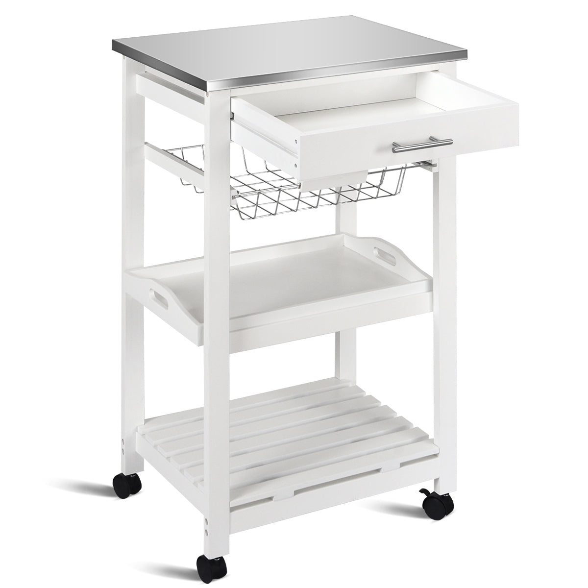 Kitchen Island Cart with Stainless Steel Tabletop and Basket-White