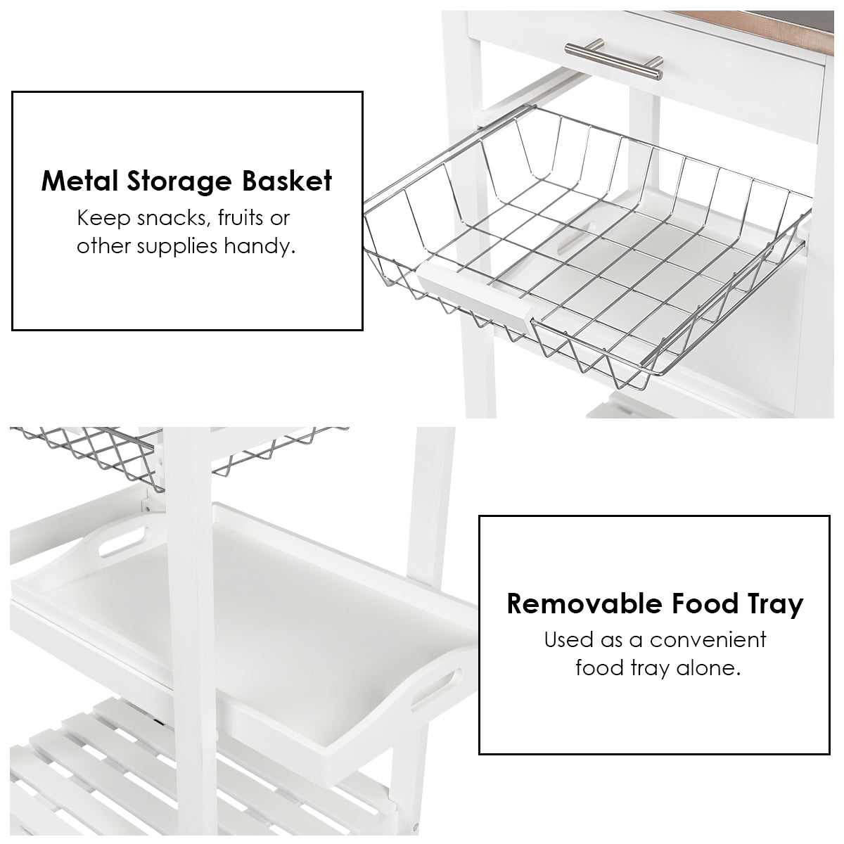 Kitchen Island Cart with Stainless Steel Tabletop and Basket-White