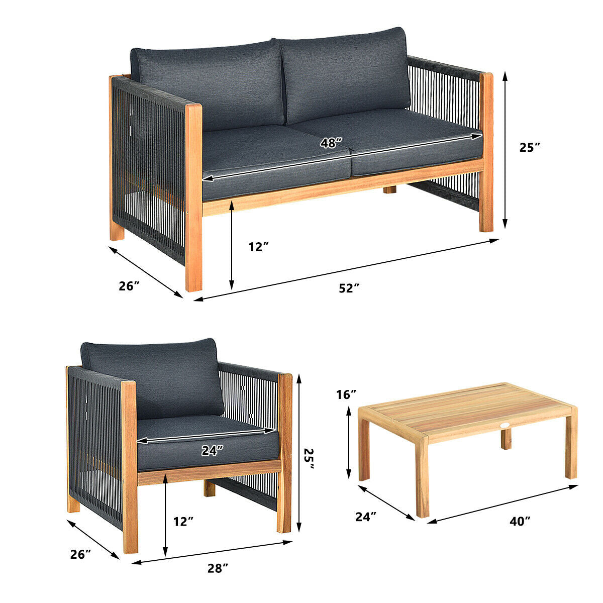 4 Pieces Acacia Wood Outdoor Patio Furniture Set