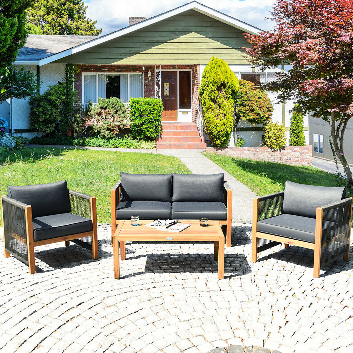 4 Pieces Acacia Wood Outdoor Patio Furniture Set