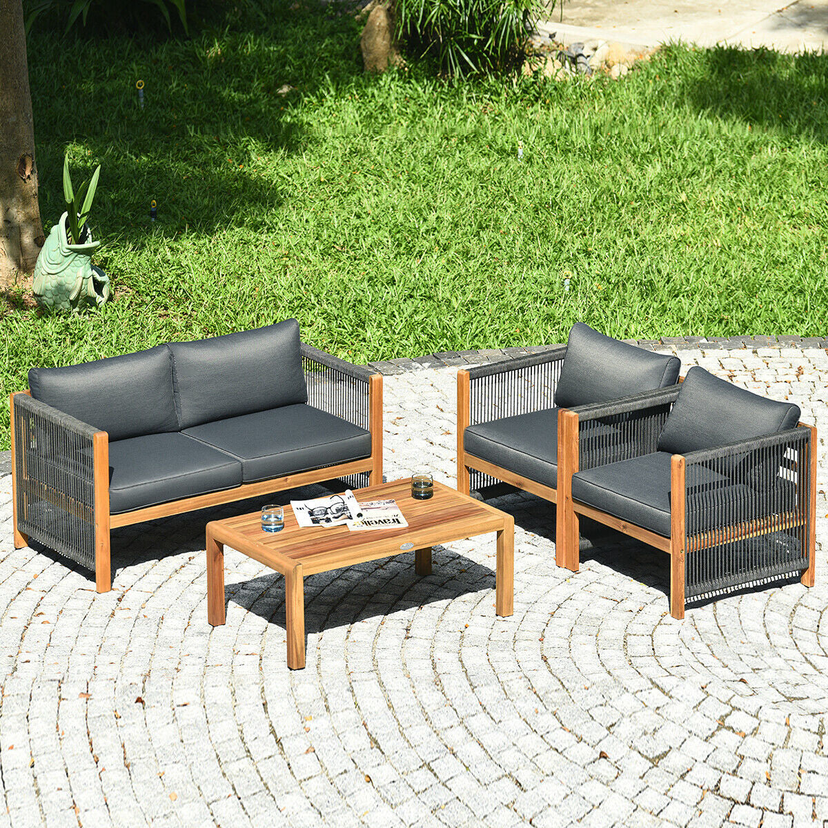 4 Pieces Acacia Wood Outdoor Patio Furniture Set