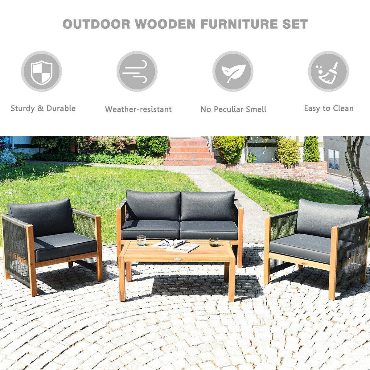 4 Pieces Acacia Wood Outdoor Patio Furniture Set