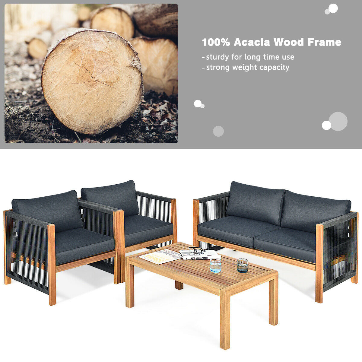 4 Pieces Acacia Wood Outdoor Patio Furniture Set