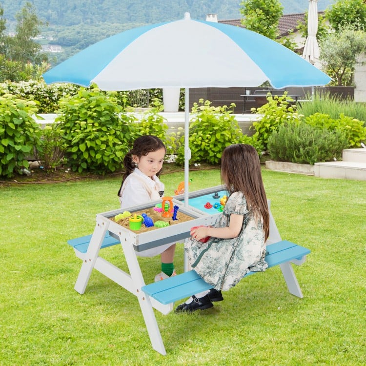 Kids 3-in-1 Outdoor Picnic Water Sand Table with Umbrella Play Boxes