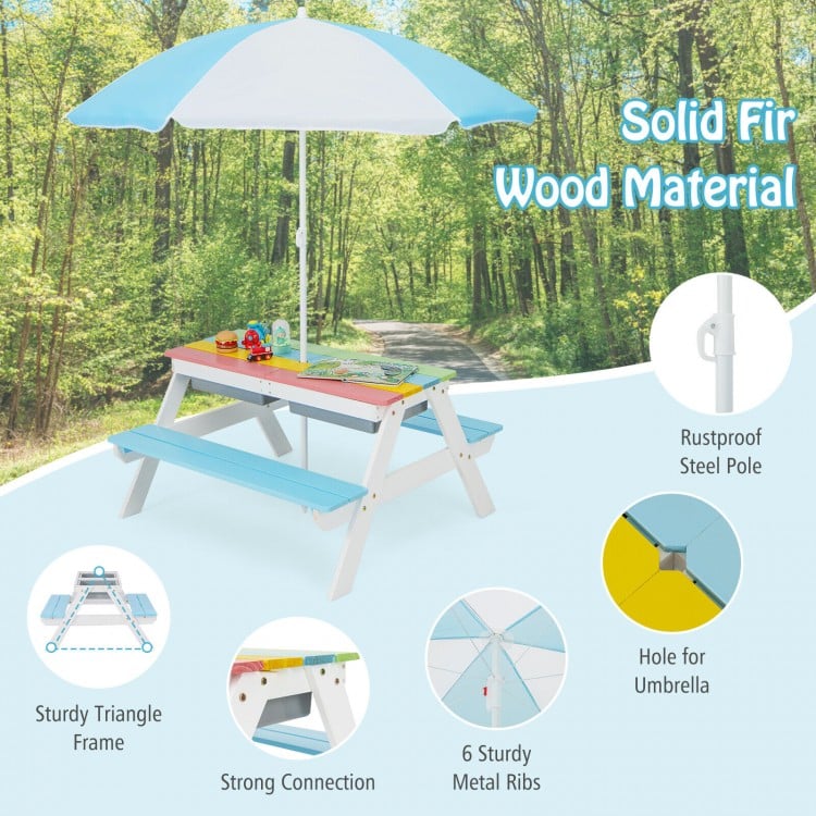 Kids 3-in-1 Outdoor Picnic Water Sand Table with Umbrella Play Boxes