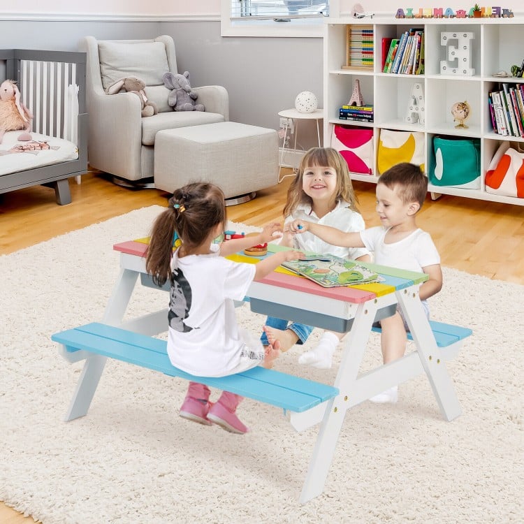 Kids 3-in-1 Outdoor Picnic Water Sand Table with Umbrella Play Boxes