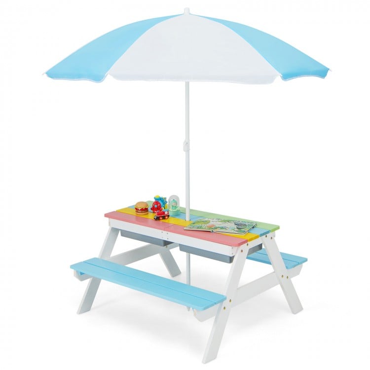 Kids 3-in-1 Outdoor Picnic Water Sand Table with Umbrella Play Boxes