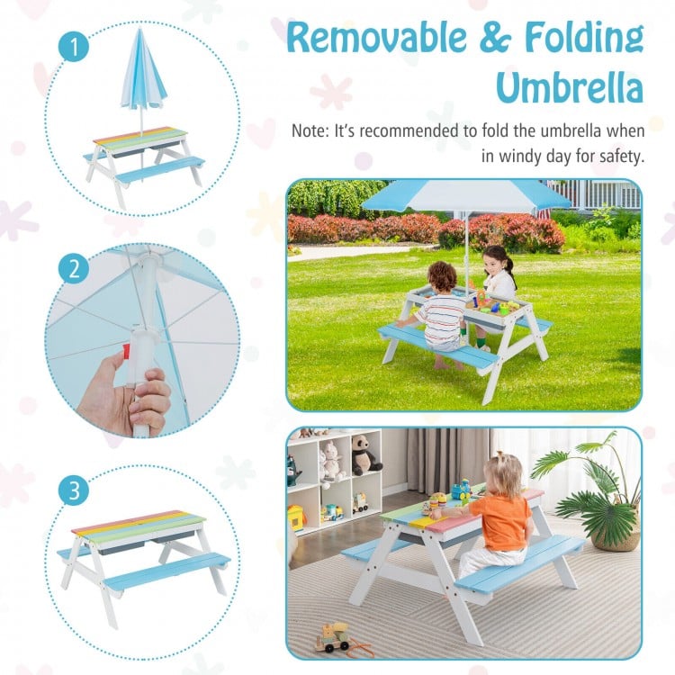 Kids 3-in-1 Outdoor Picnic Water Sand Table with Umbrella Play Boxes