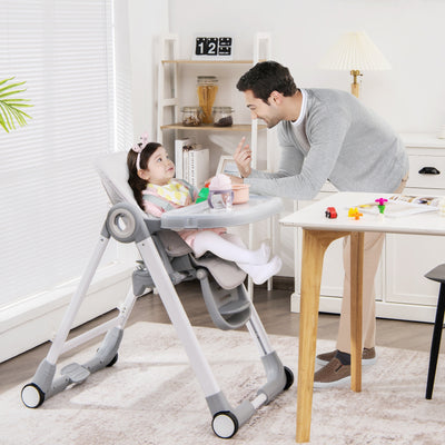 Baby Folding Convertible High Chair with Wheels and Adjustable Height-Gray 