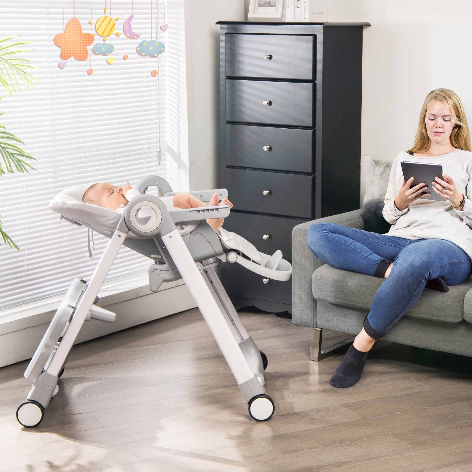 Baby Folding Convertible High Chair with Wheels and Adjustable Height-Gray