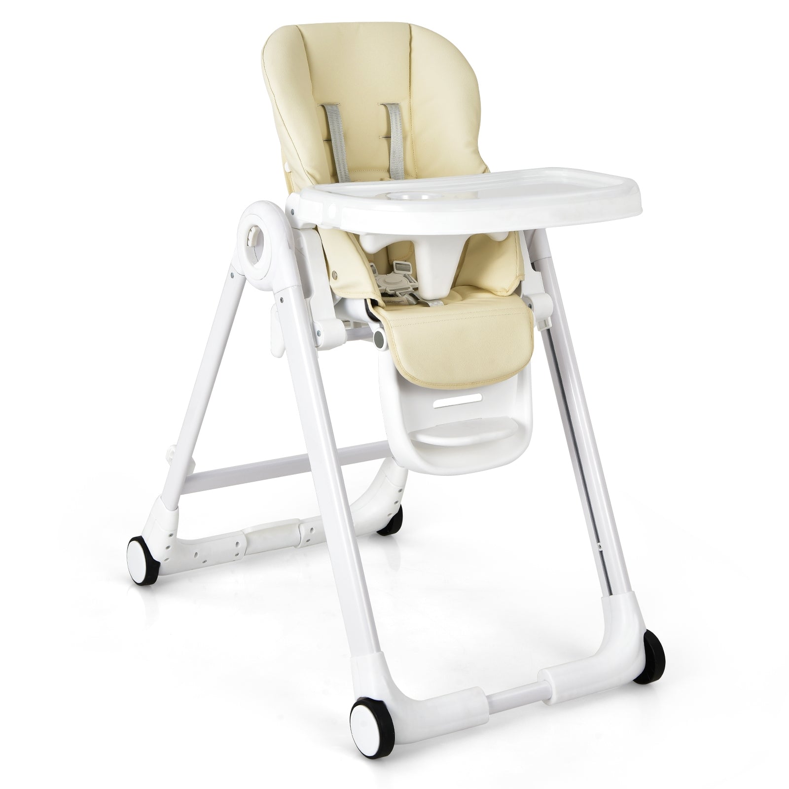 Baby Folding Convertible High Chair with Wheels and Adjustable Height-Beige 