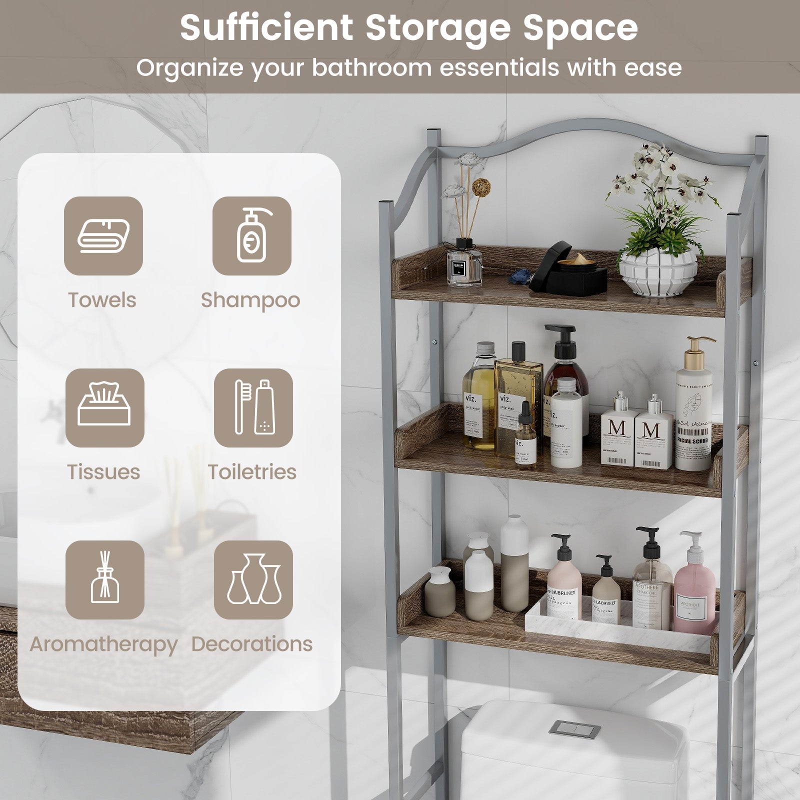 3-Tier Over-The-Toilet Bathroom Spacesaver Storage Rack-SilverÂ 