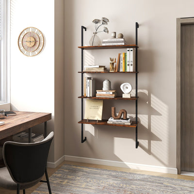 4-Tier Industrial Ladder Bookshelf with Metal Frame-Brown 