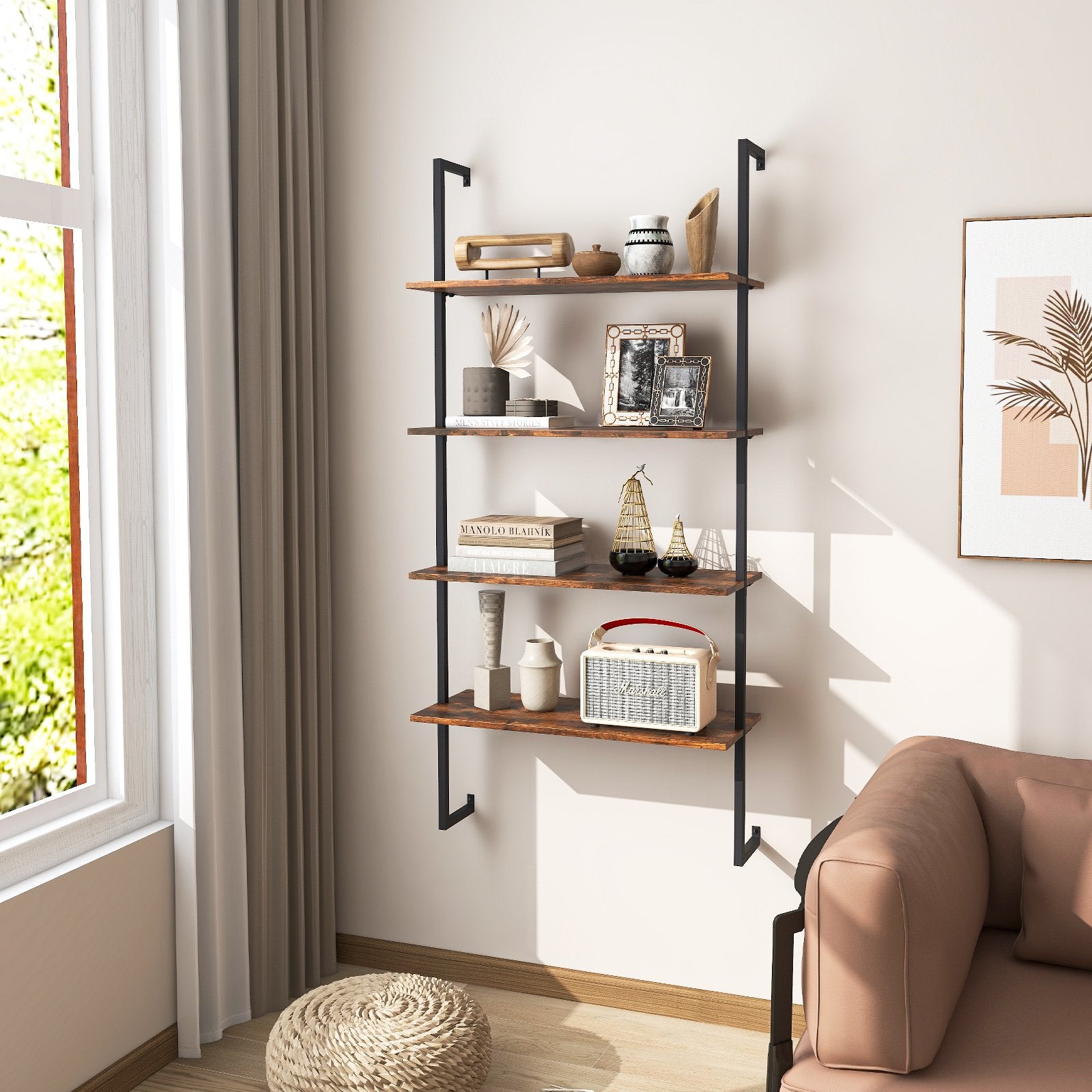 4-Tier Industrial Ladder Bookshelf with Metal Frame-Brown