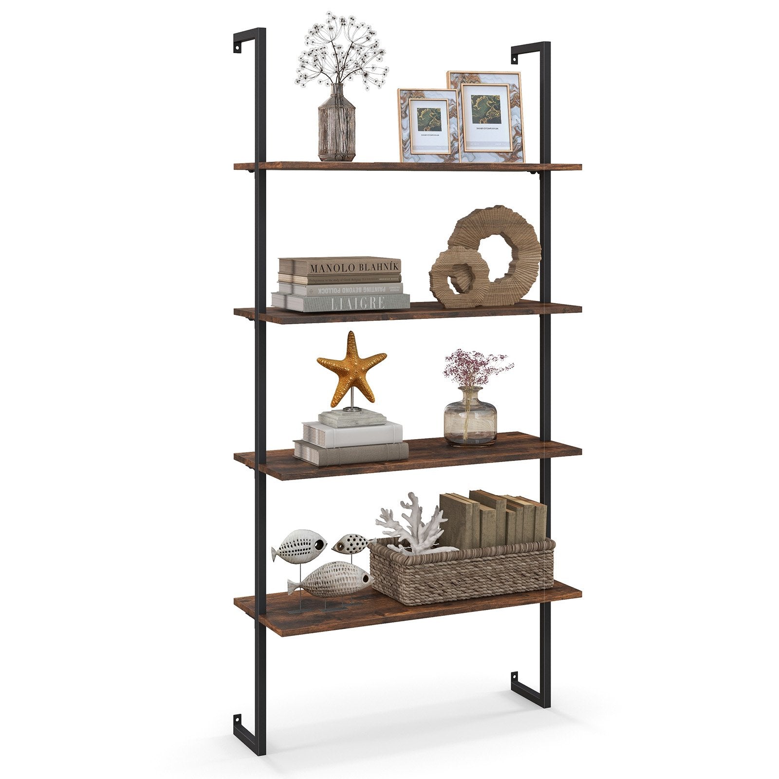 4-Tier Industrial Ladder Bookshelf with Metal Frame-Brown