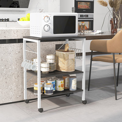 3-Tier Kitchen Baker's Rack Microwave Oven Storage Cart with Hooks-Deep BrownÂ 