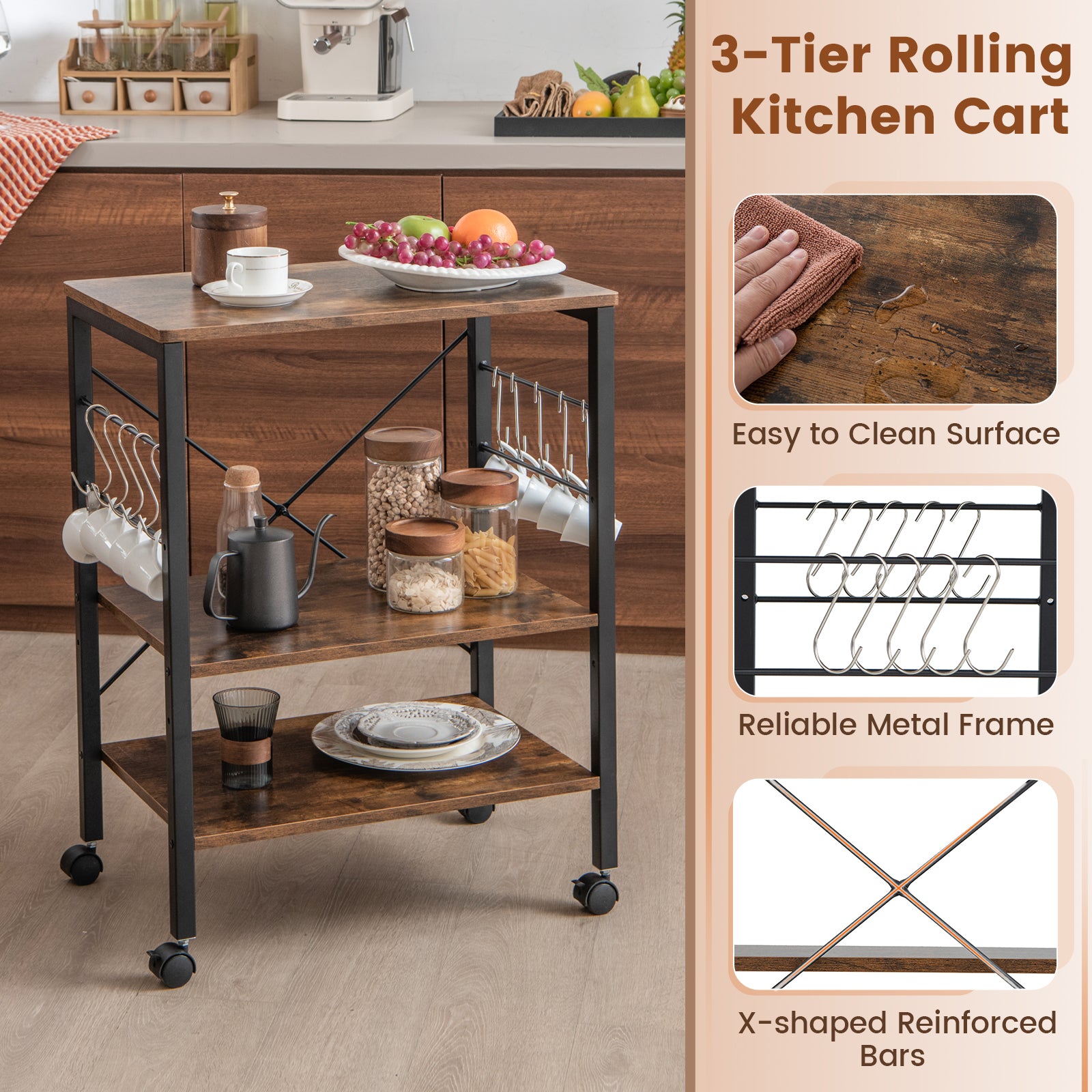 3-Tier Kitchen Baker's Rack Microwave Oven Storage Cart with Hooks-Rustic Brown