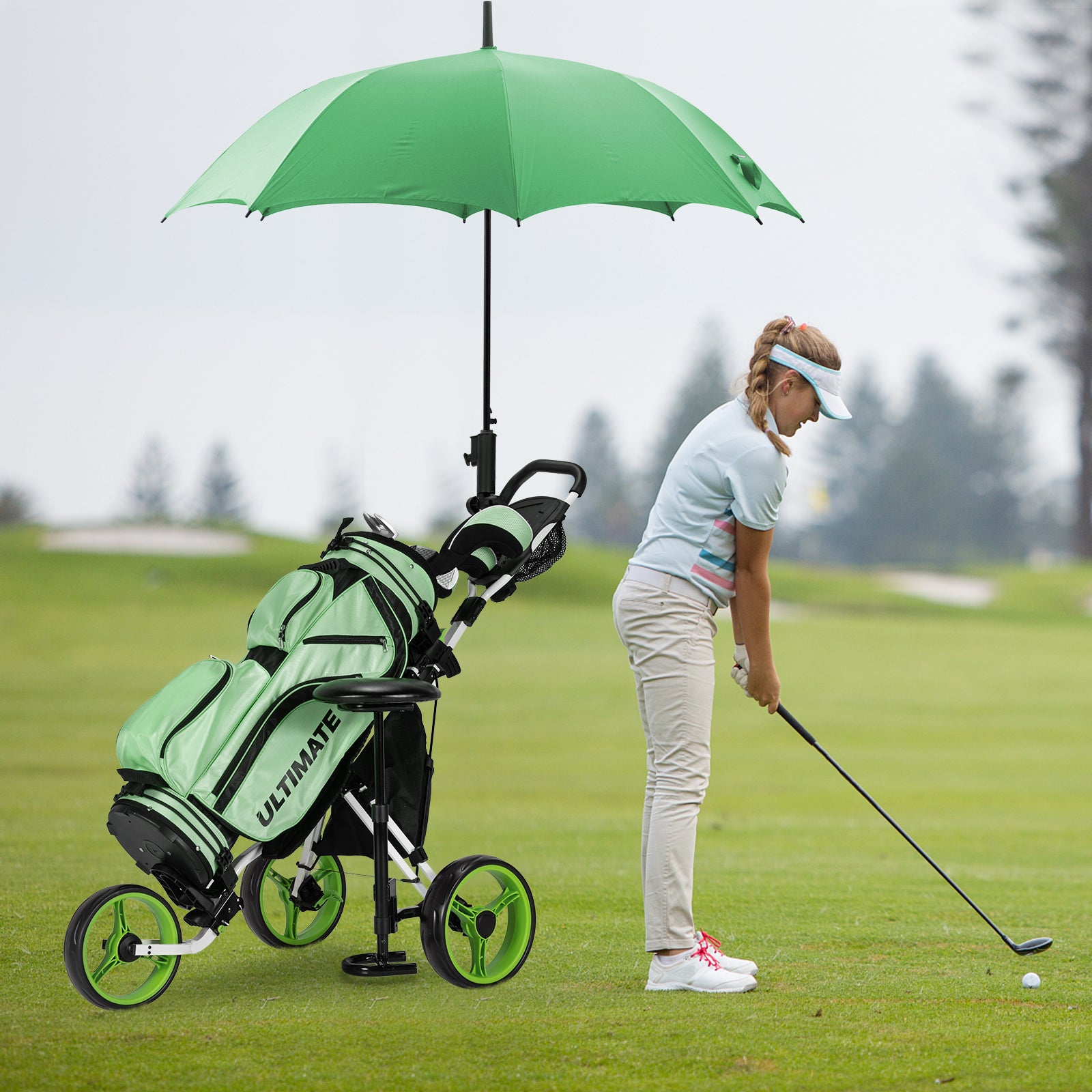 3 Wheels Folding Golf Push Cart with Seat Scoreboard and Adjustable Handle-GreenÂ 