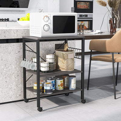 3-Tier Kitchen Baker's Rack Microwave Oven Storage Cart with Hooks-Charcoal BrownÂ 