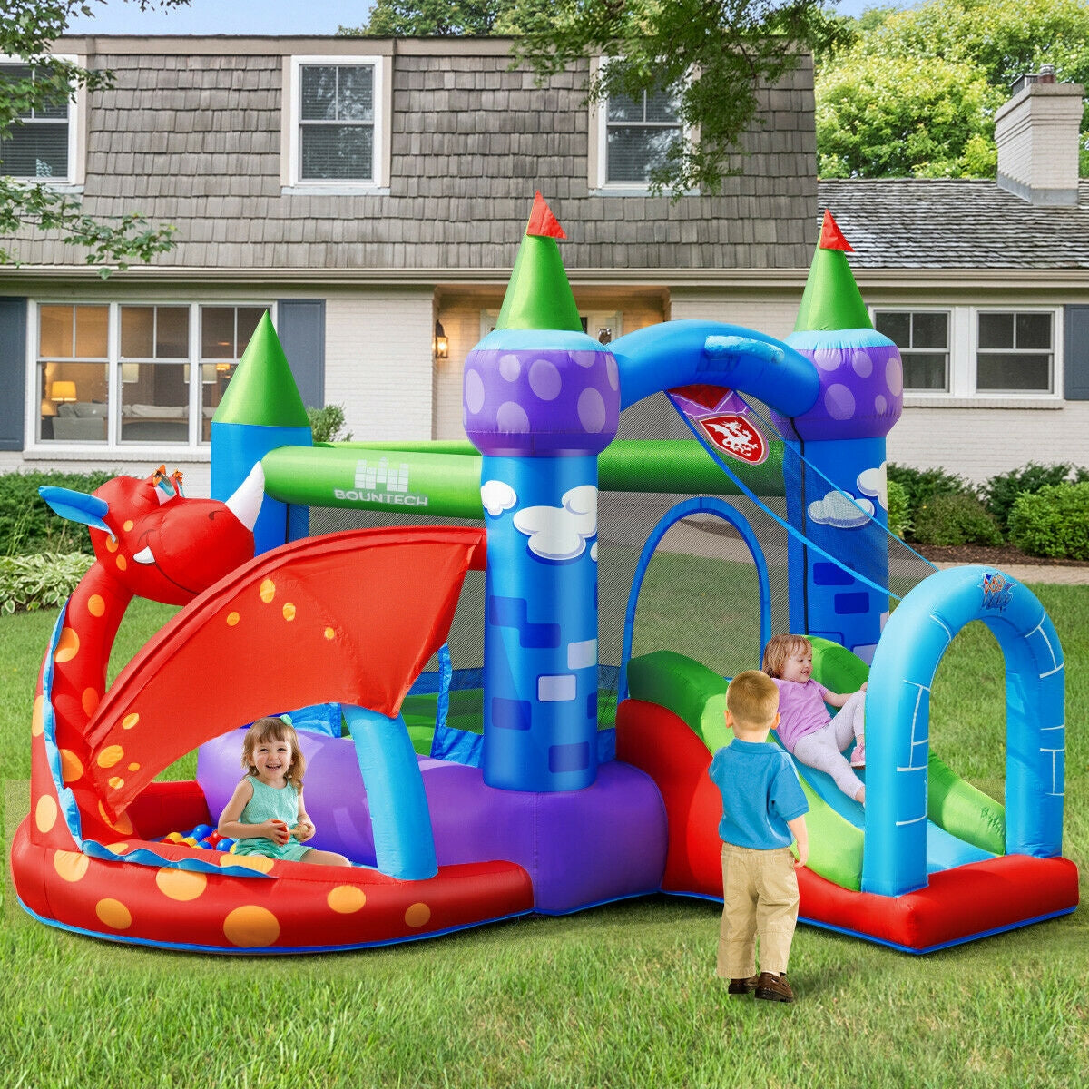 Kids Inflatable Bounce House Dragon Jumping Slide Bouncer Castle with 740W Blower