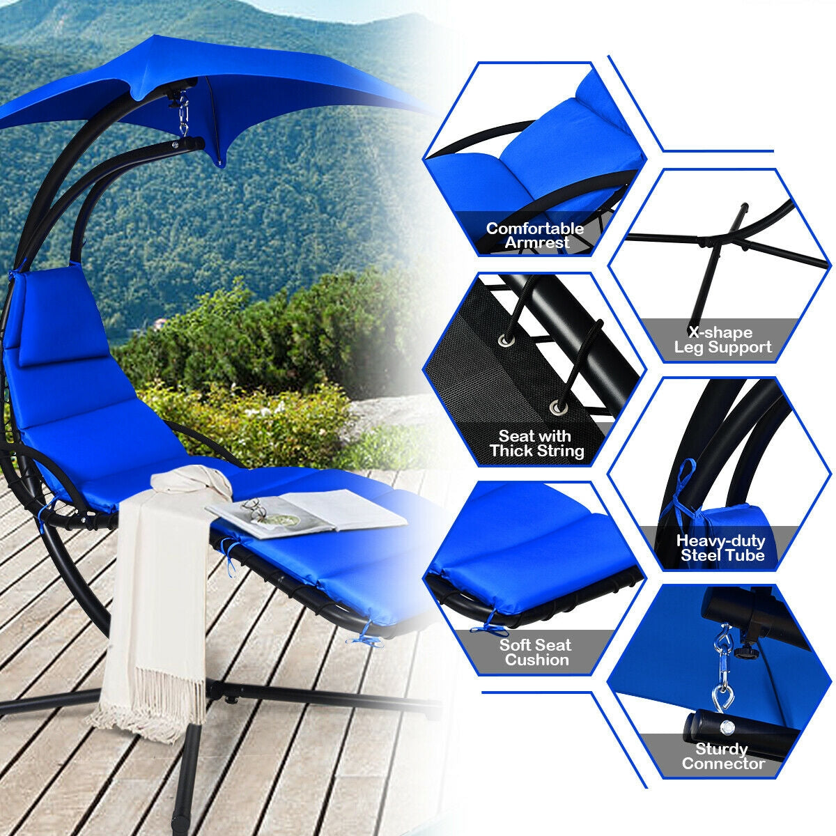 Hanging Stand Chaise Lounger Swing Chair with Pillow-Navy