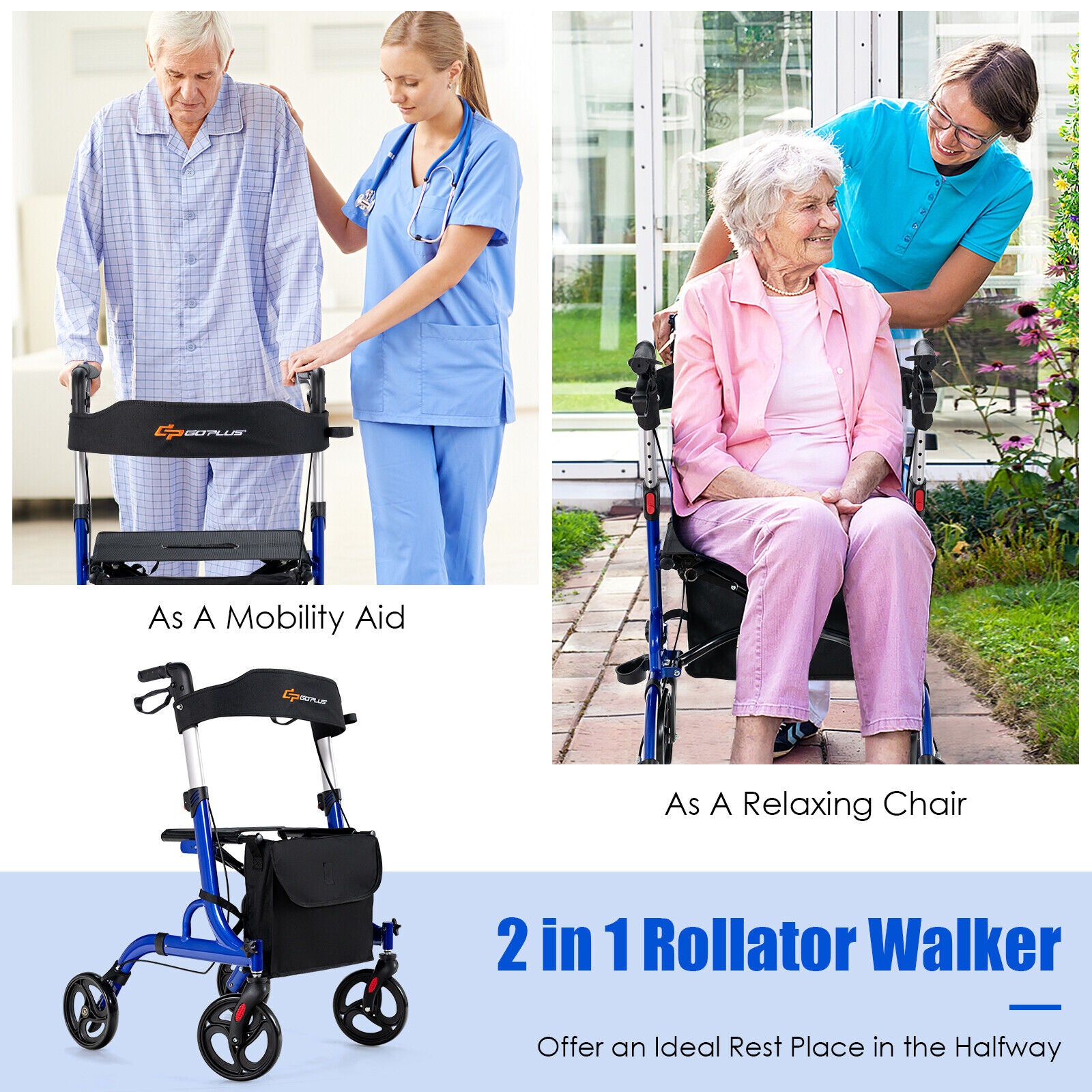 Folding Aluminum Rollator Walker with 8 inch Wheels and Seat-Blue 