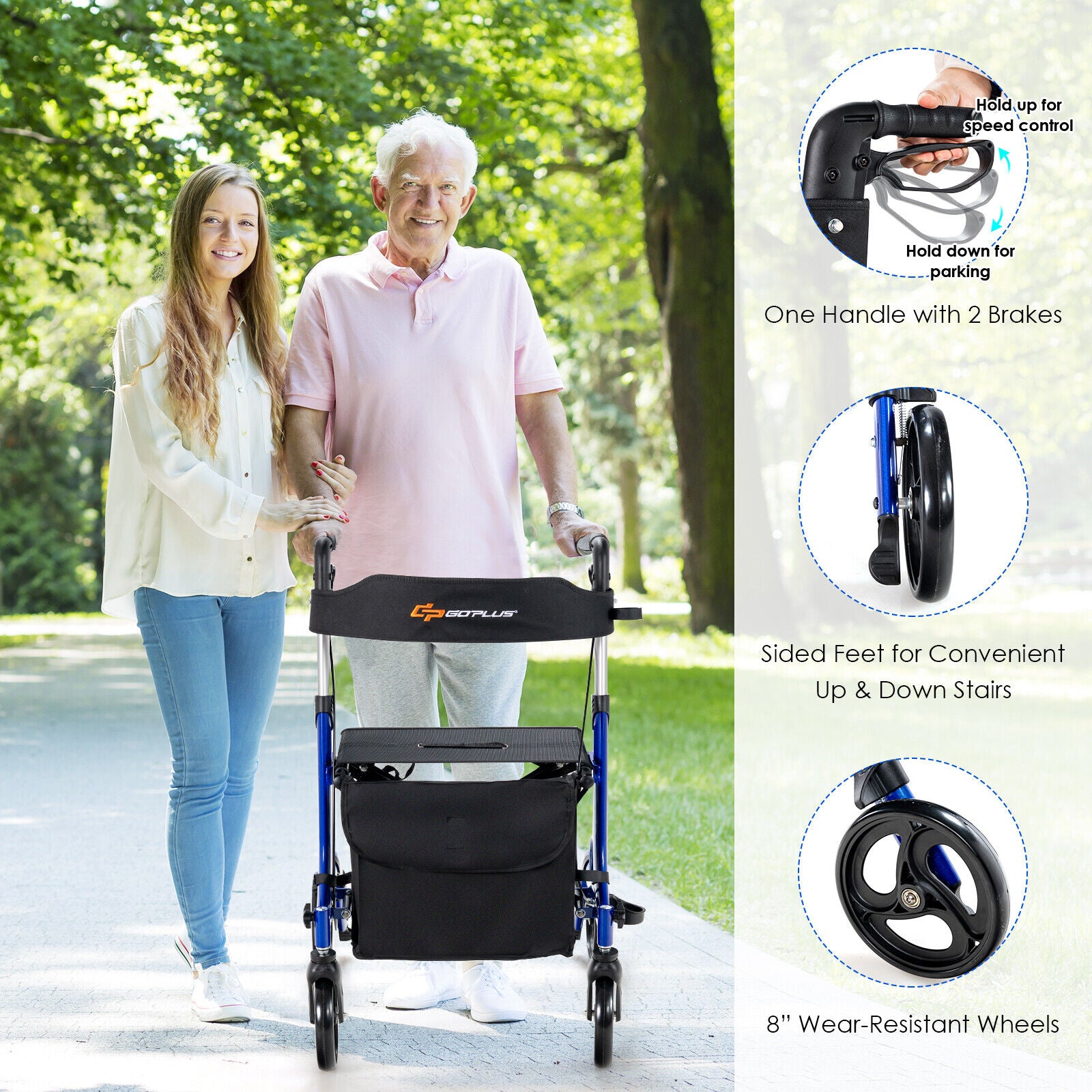 Folding Aluminum Rollator Walker with 8 inch Wheels and Seat-Blue 