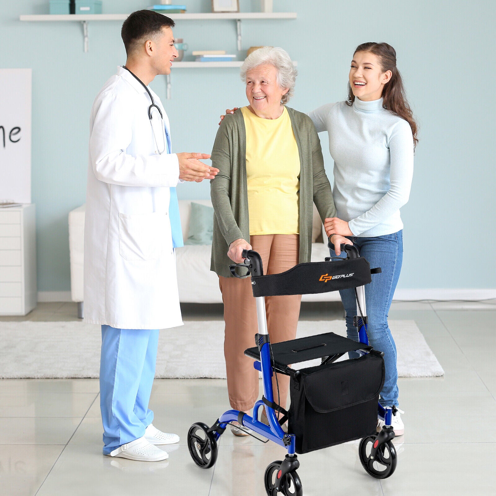 Folding Aluminum Rollator Walker with 8 inch Wheels and Seat-Blue