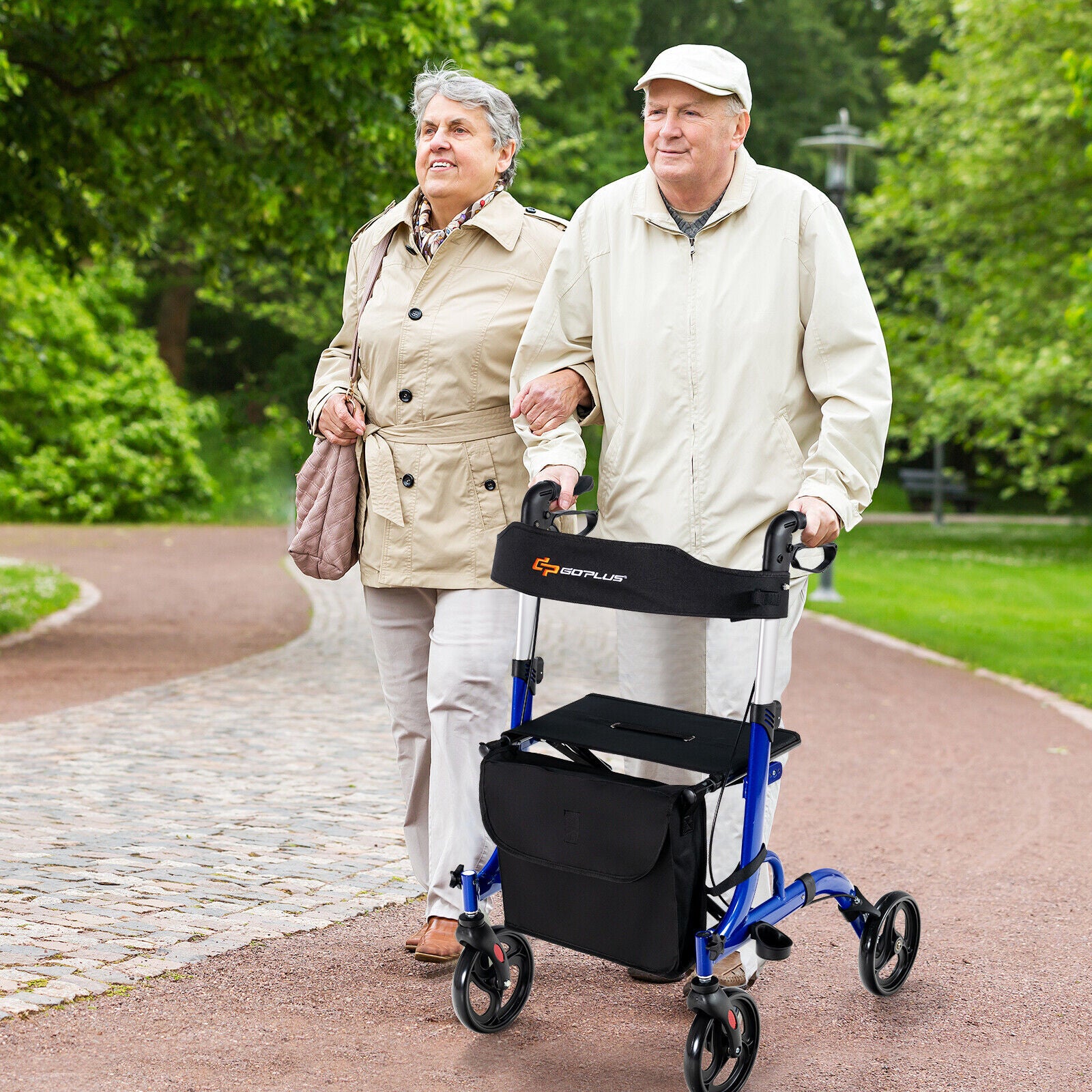 Folding Aluminum Rollator Walker with 8 inch Wheels and Seat-Blue