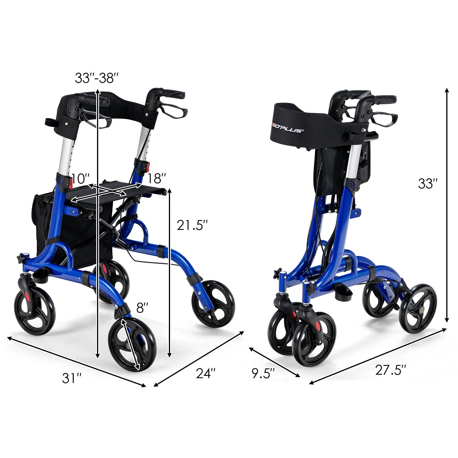 Folding Aluminum Rollator Walker with 8 inch Wheels and Seat-Blue 