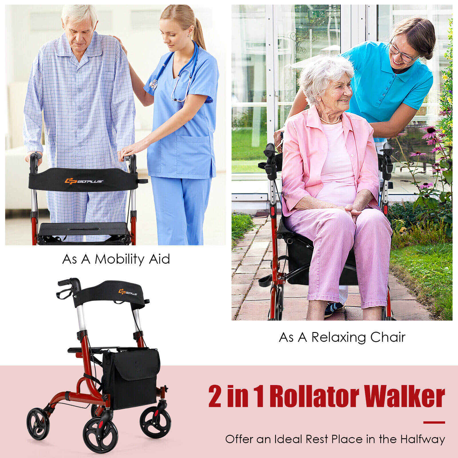 Folding Aluminum Rollator Walker with 8 inch Wheels and Seat-Red