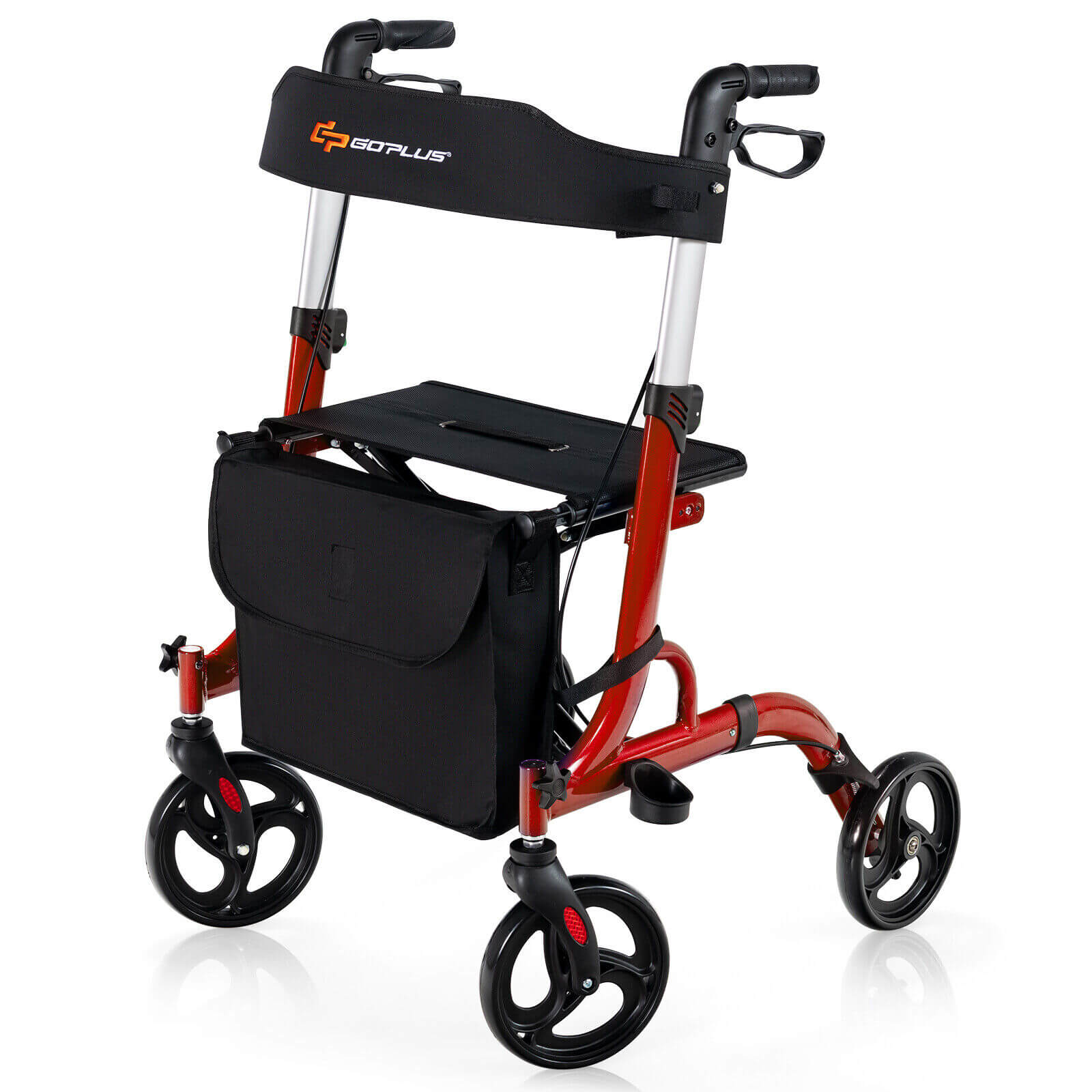 Folding Aluminum Rollator Walker with 8 inch Wheels and Seat-Red