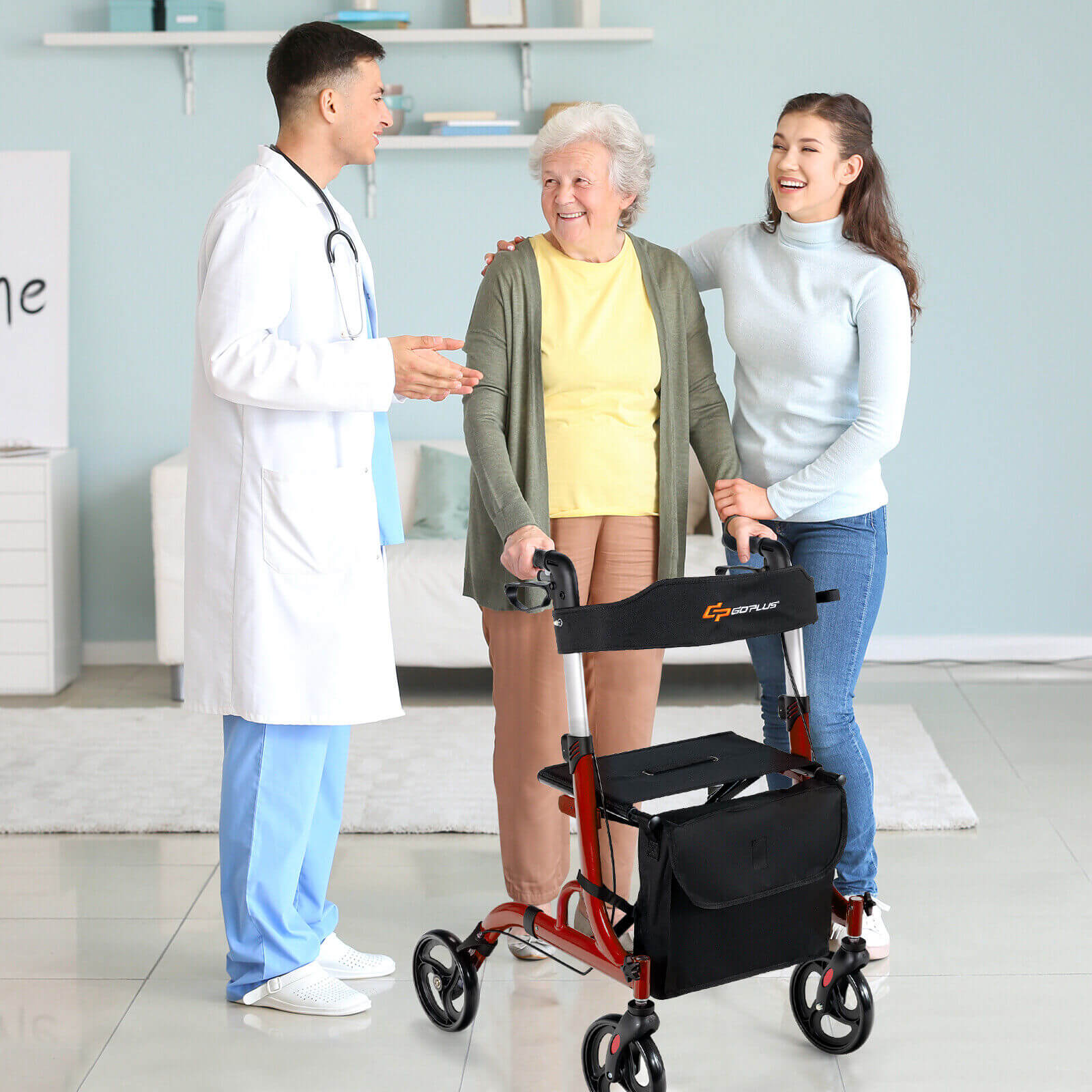 Folding Aluminum Rollator Walker with 8 inch Wheels and Seat-Red 