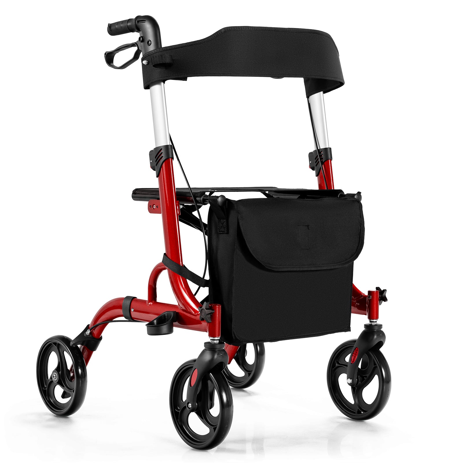 Folding Aluminum Rollator Walker with 8 inch Wheels and Seat-Red