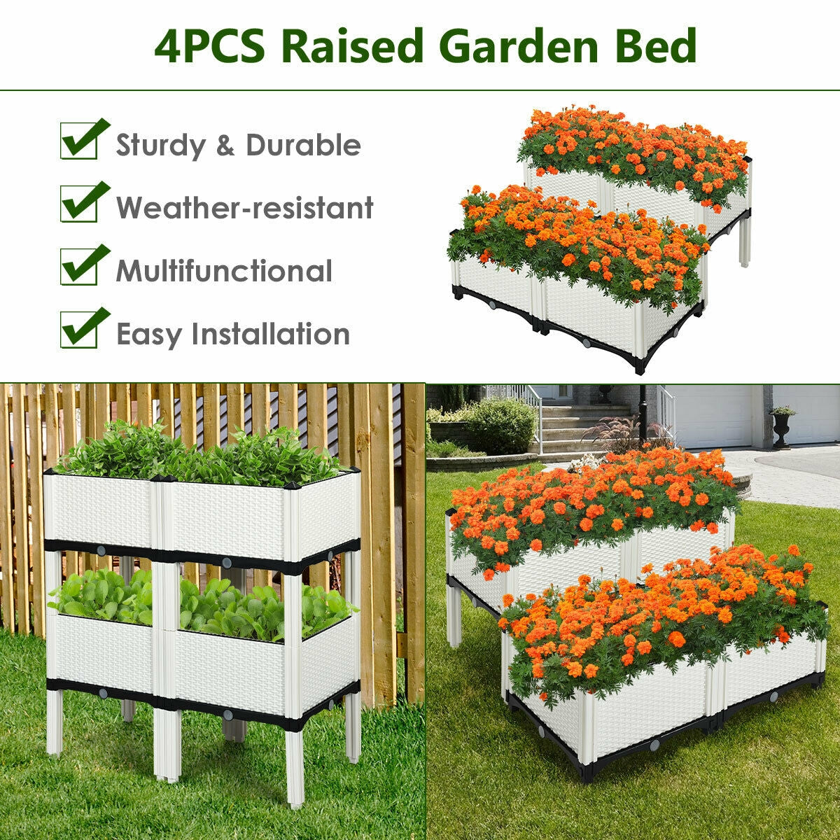 Set of 4 Elevated Flower Vegetable Herb Grow Planter Box-White