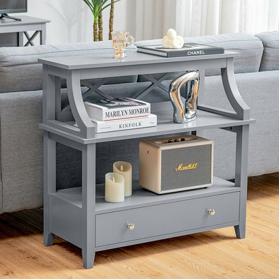 3-Tier Storage Rack End table Side Table with Slide Drawer-Gray 