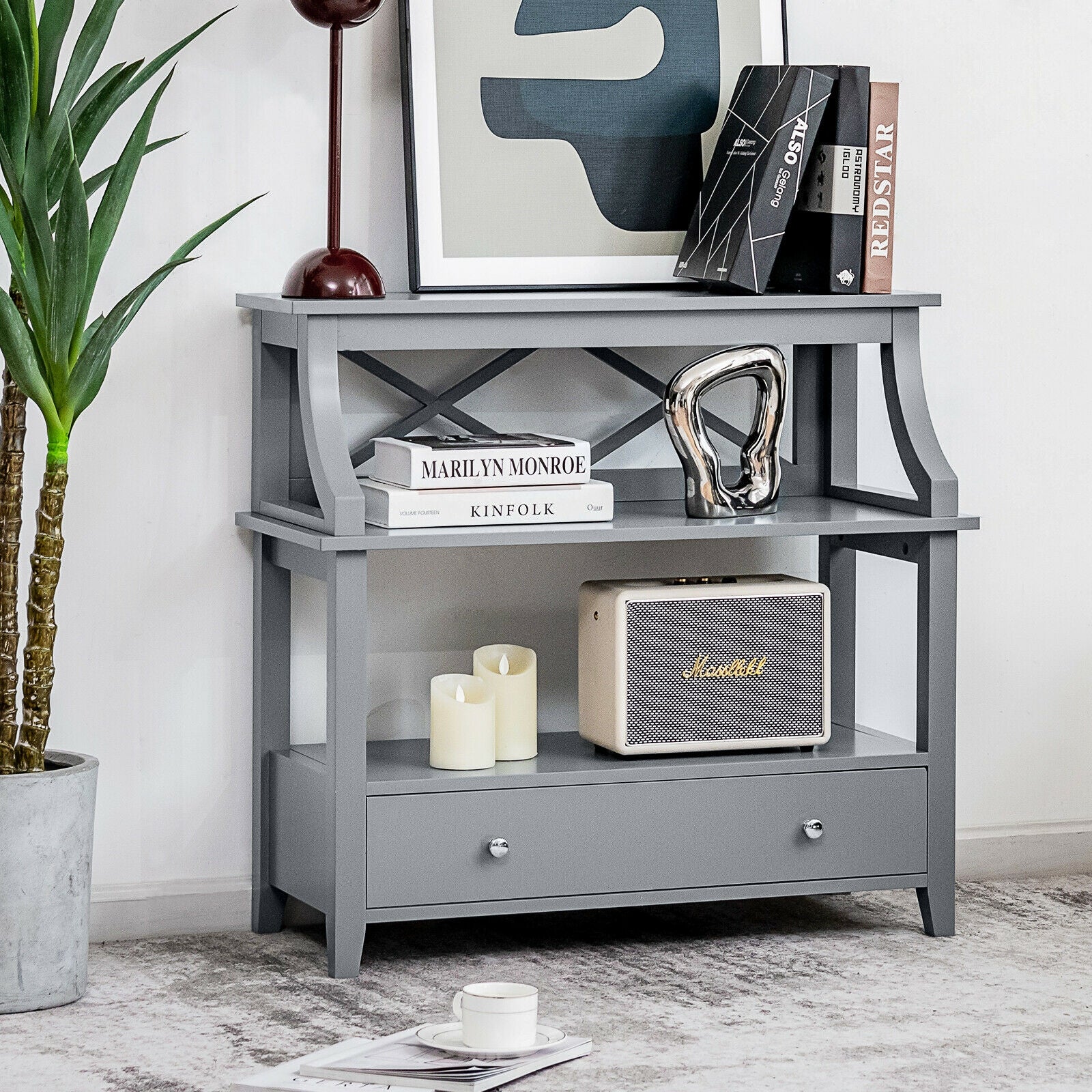 3-Tier Storage Rack End table Side Table with Slide Drawer-Gray