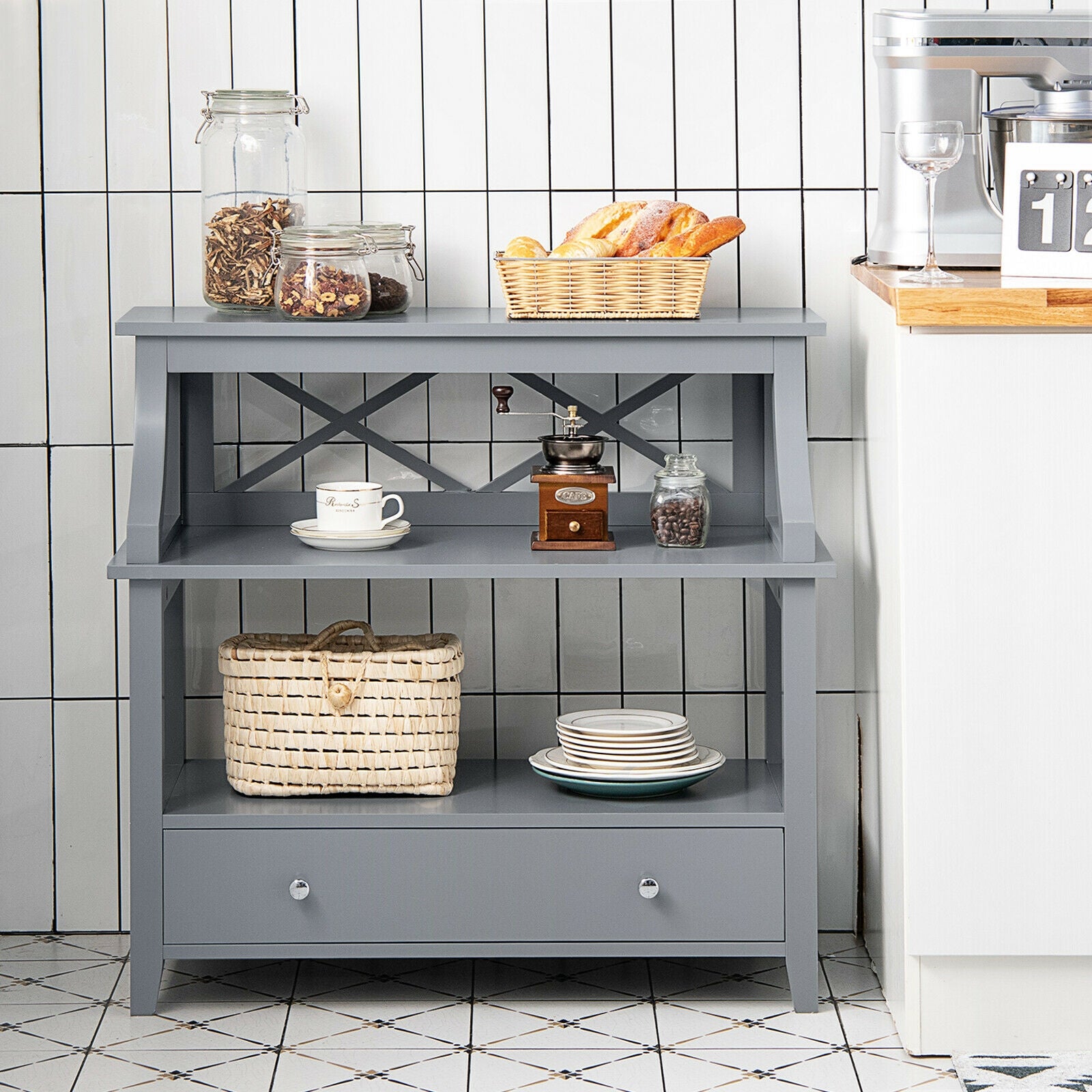 3-Tier Storage Rack End table Side Table with Slide Drawer-Gray